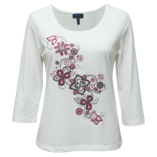 Top 3/4 Sleeve Designer By Escada In Red & White, Size: L