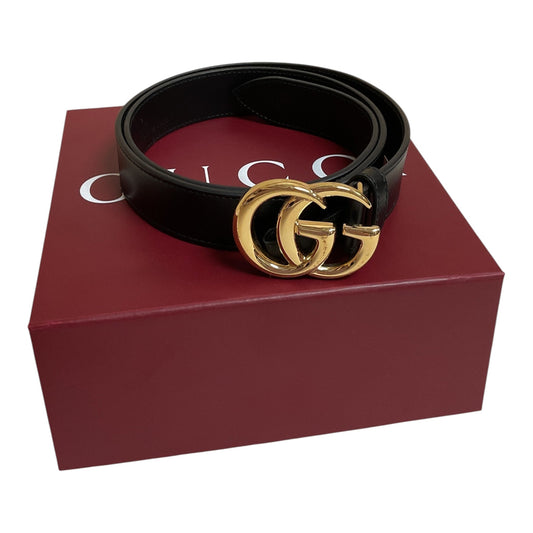 Belt Luxury Designer By Gucci In Black & Gold, Size: