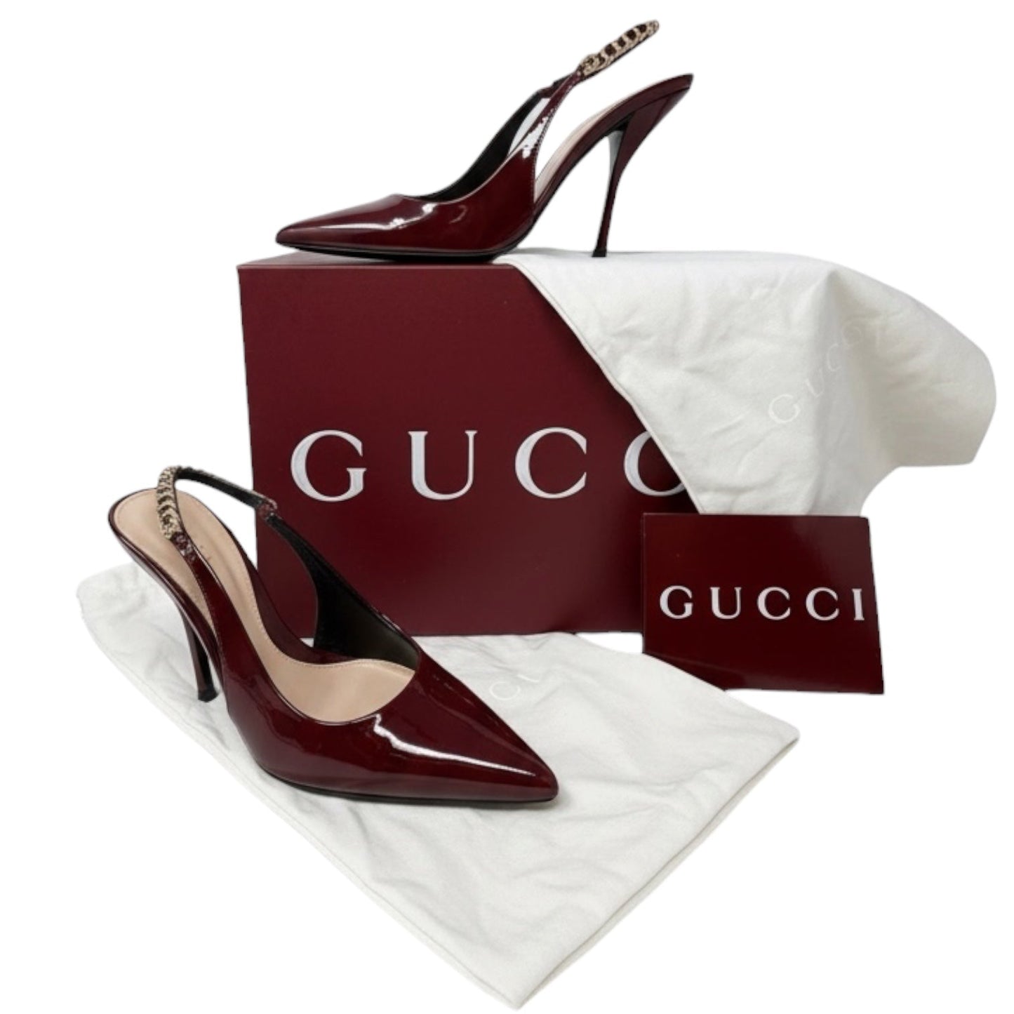 Signoria Patent Leather Slingback Pumps Luxury Designer By Gucci In Rosso Ancora, Size: 7