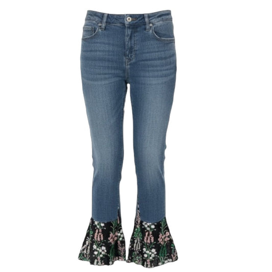 Mid-Rise Slim Boyfriend Jeans with Floral Embroidery Mesh Flare By Pilcro and the Letterpress In Multi-colored, Size: 8/29