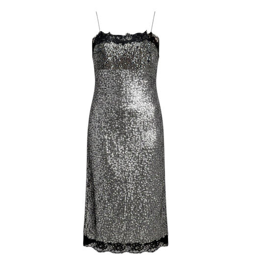 Allegra Sequin Lace Trim Dress Party Midi By Lilly Sisto x Gianni Bini In Silver, Size: 8