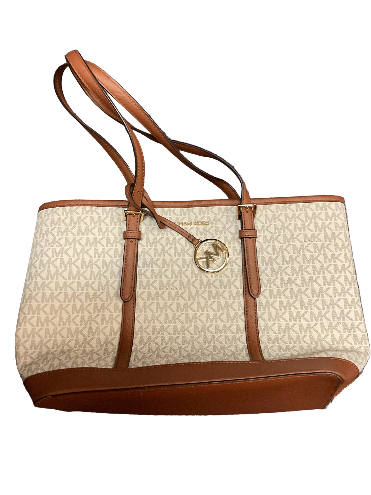 Handbag Designer By Michael Kors In Brown & White, Size:Medium