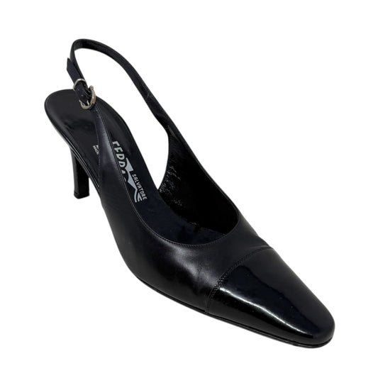 Cap Toe Leather Slingback Pumps Luxury Designer By Ferragamo In Black, Size: 8.5