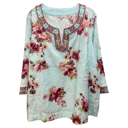 Linen Blend Floral Print Embroidered Beaded Split V-Neck 3/4 Sleeve Hi-Low Hem Tunic By John Mark In Blue, Size: 1X