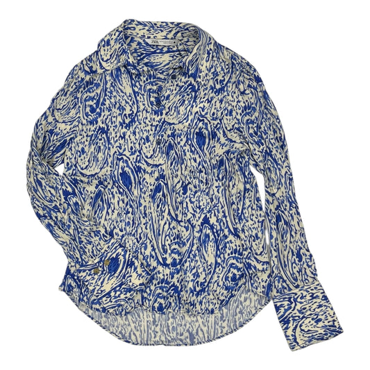 Blouse Ls By Zara In Blue & Cream, Size:Xs