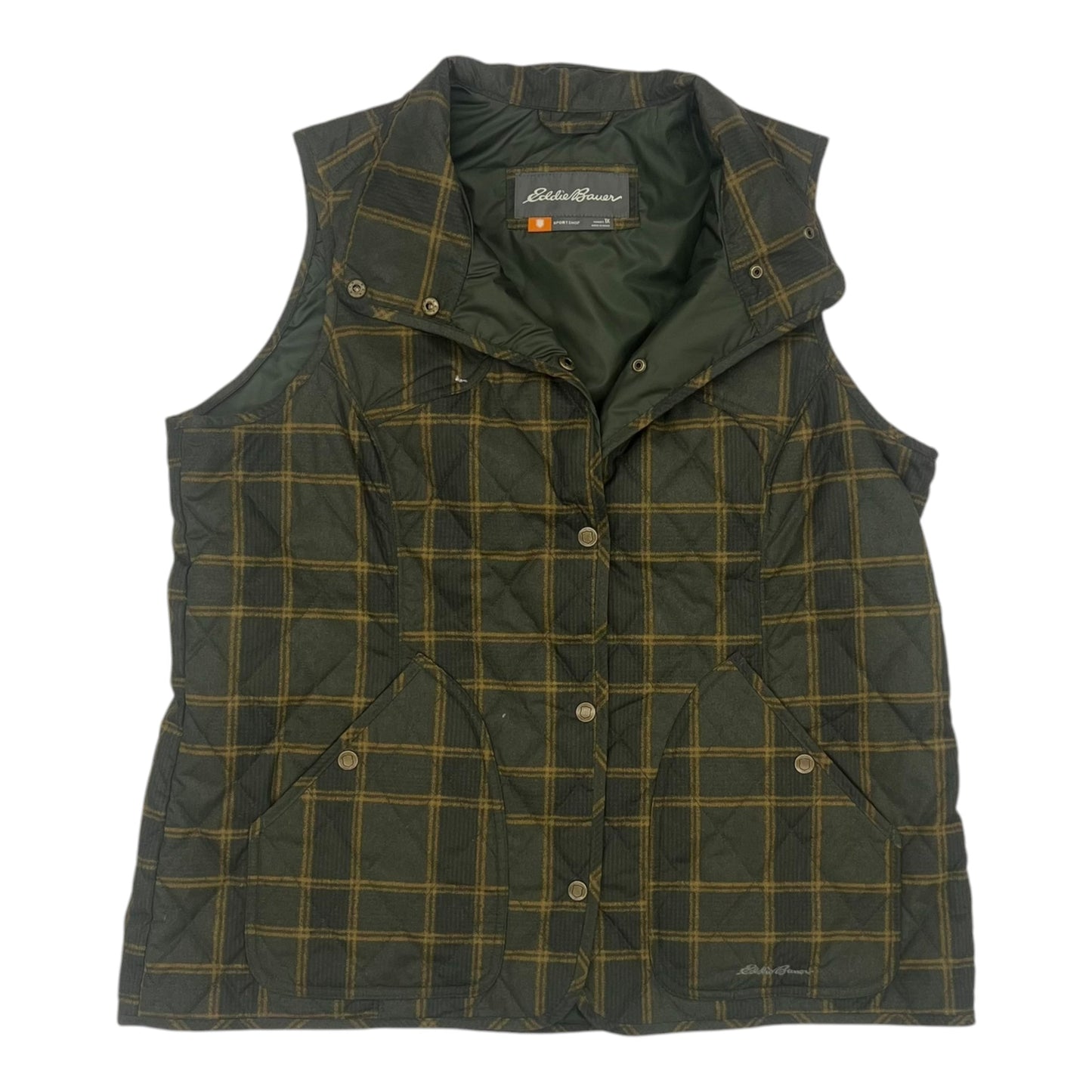 Vest Puffer & Quilted By Eddie Bauer In Green & Yellow, Size:1X