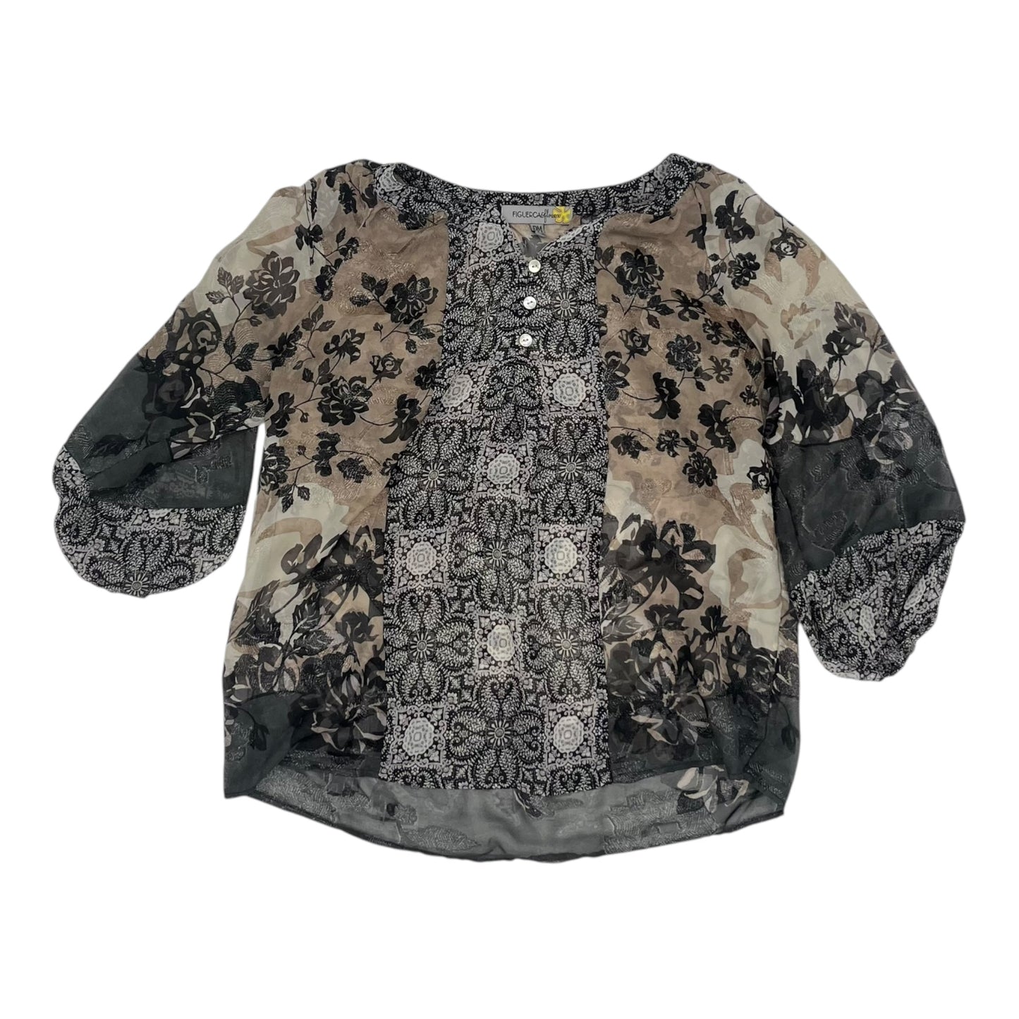 Blouse 3/4 Sleeve By Clothes Mentor In Black & Brown, Size:Mp