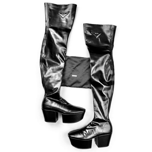 Black Boots Luxury Designer By Prada, Size: 7.5