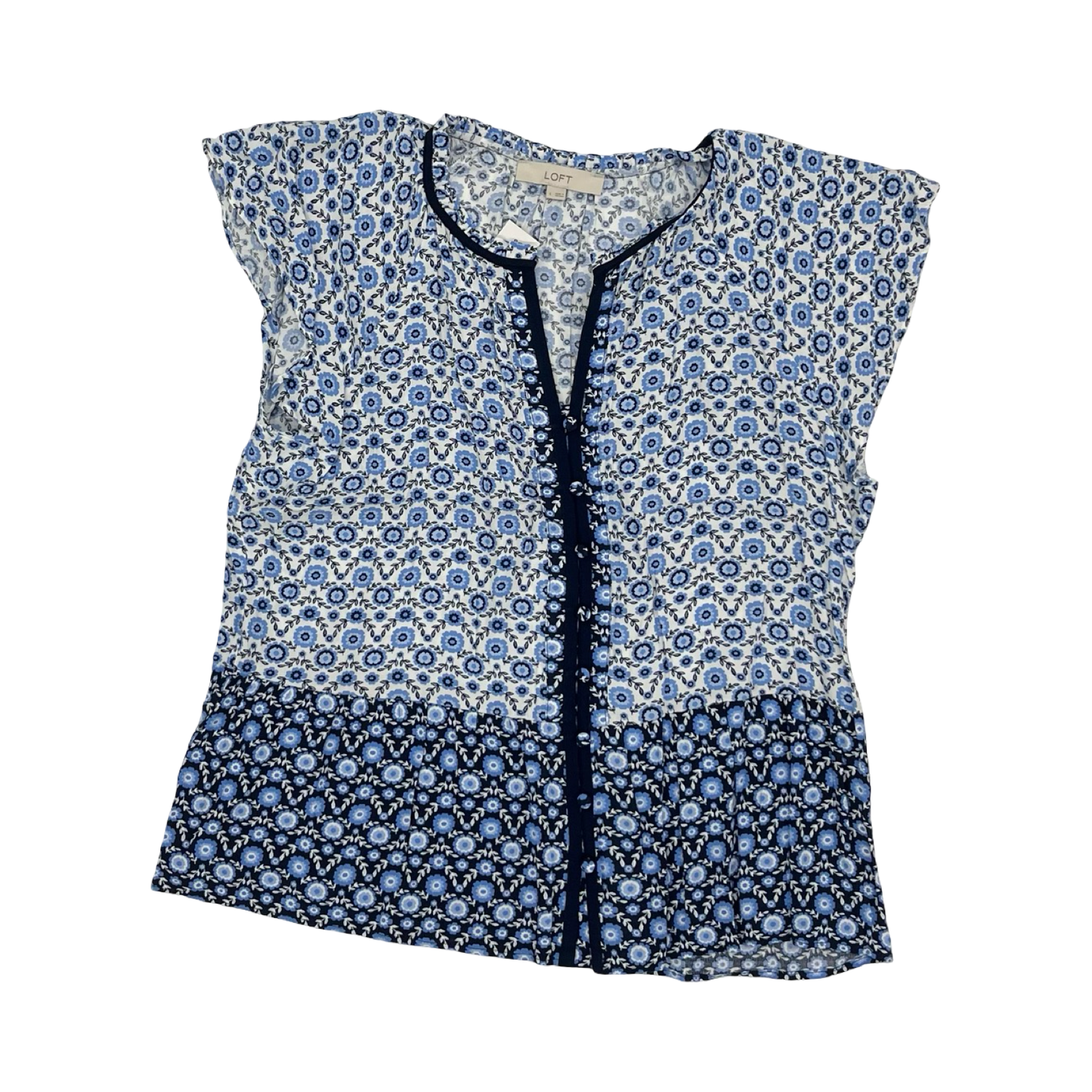 Blouse Ss By Loft In Blue & White, Size:L