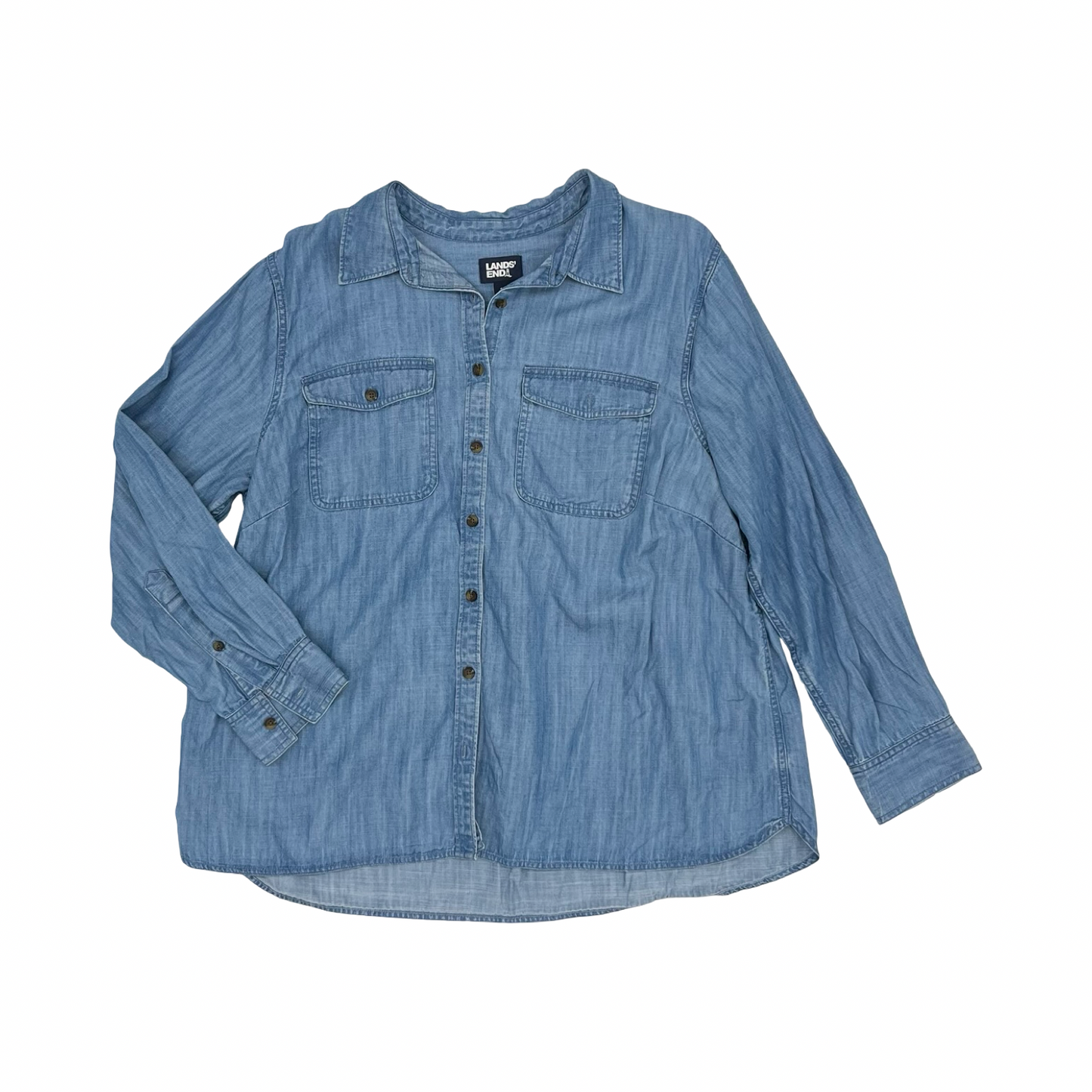 Blouse Ls By Lands End In Blue Denim, Size:1X