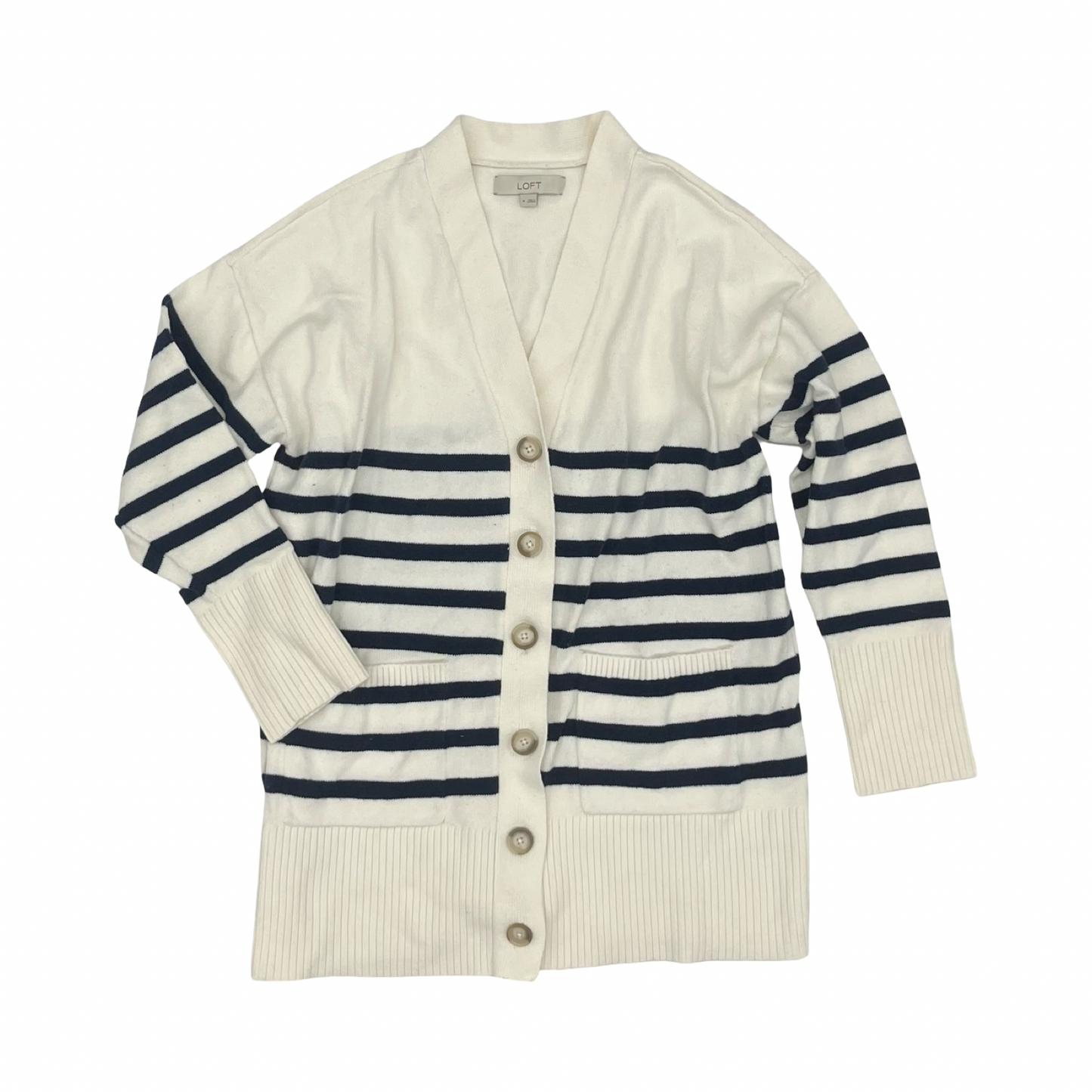 Sweater Cardigan By Loft In Blue & Cream, Size:M