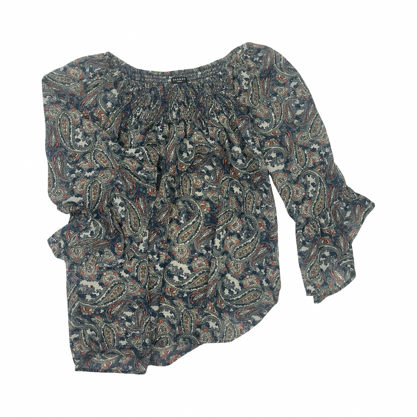 Blouse 3/4 Sleeve By Hannah In Blue & Cream, Size:2X