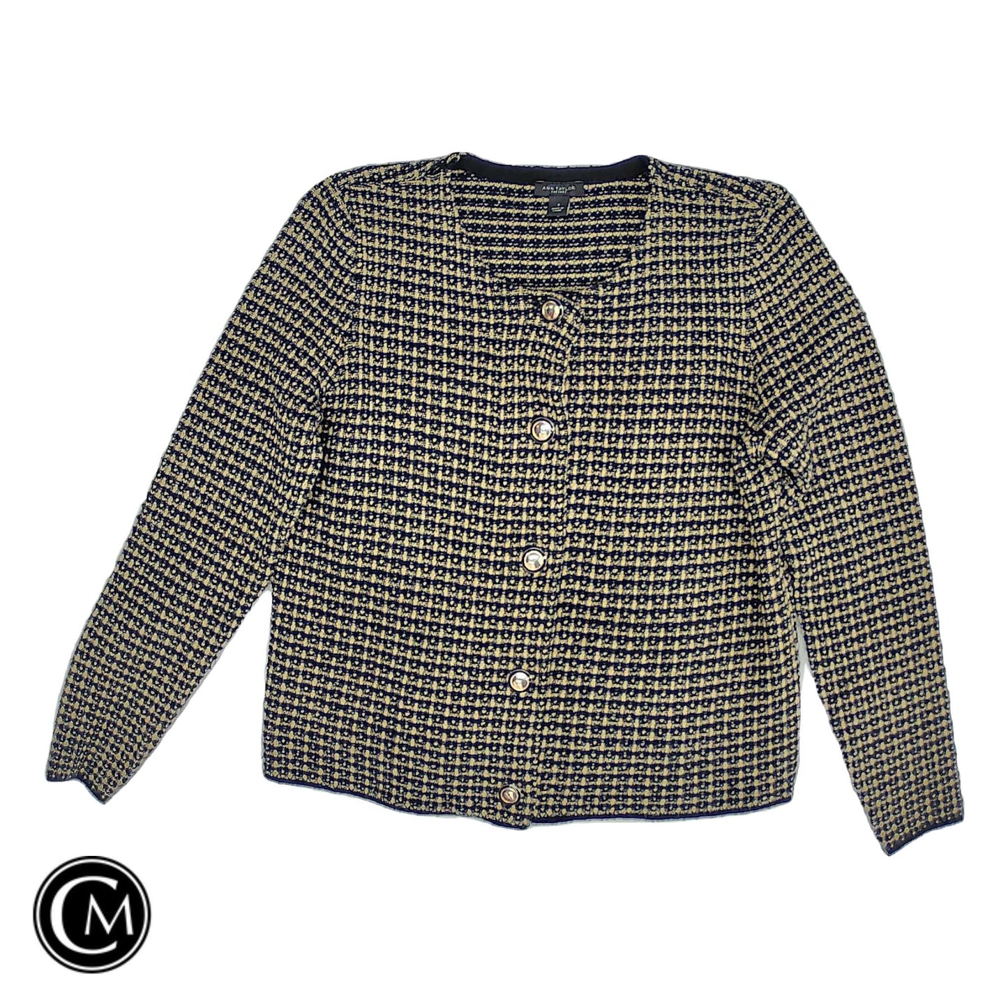 Sweater Cardigan By Ann Taylor In Black & Tan, Size: S