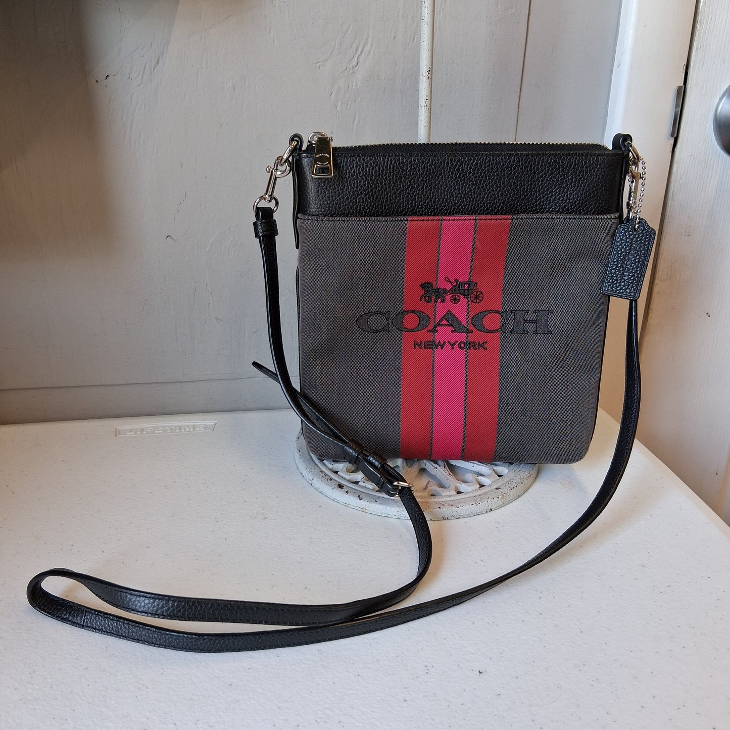 Crossbody Designer By Coach In Grey & Red, Size:Small