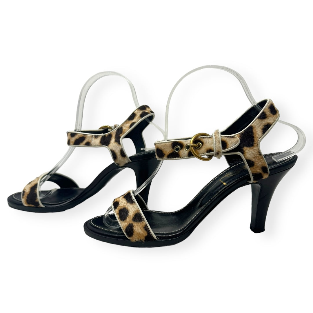 Leopard Print Calf Hair Ankle Strap Sandals Luxury Designer By Yves Saint Laurent  Size: 7.5