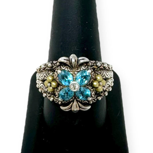 Sterling Silver With 18K Details Blue Topaz Flower Ring Designer By Barbara Bixby  Size: 10