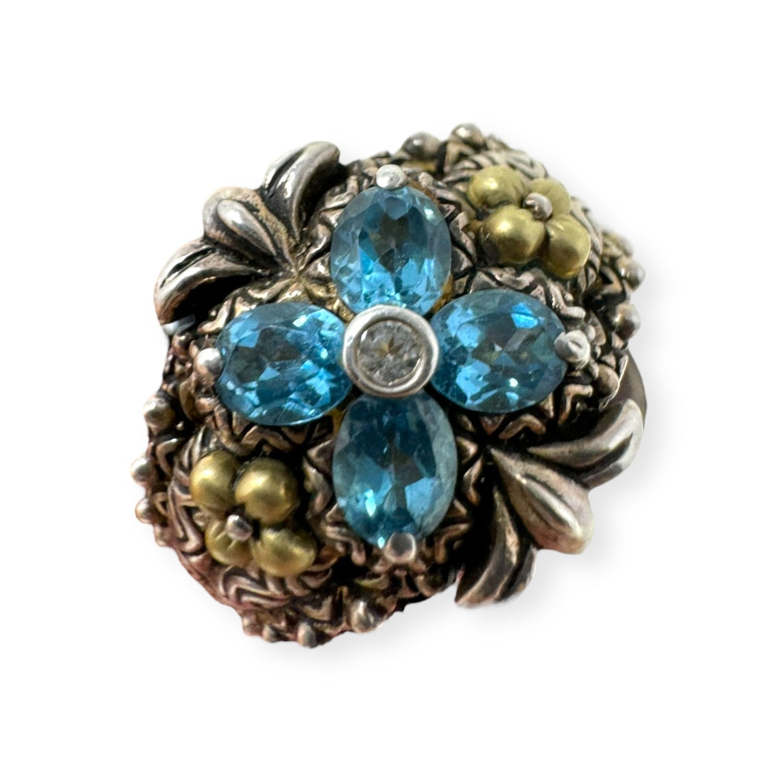 Sterling Silver With 18K Details Blue Topaz Flower Ring Designer By Barbara Bixby  Size: 10