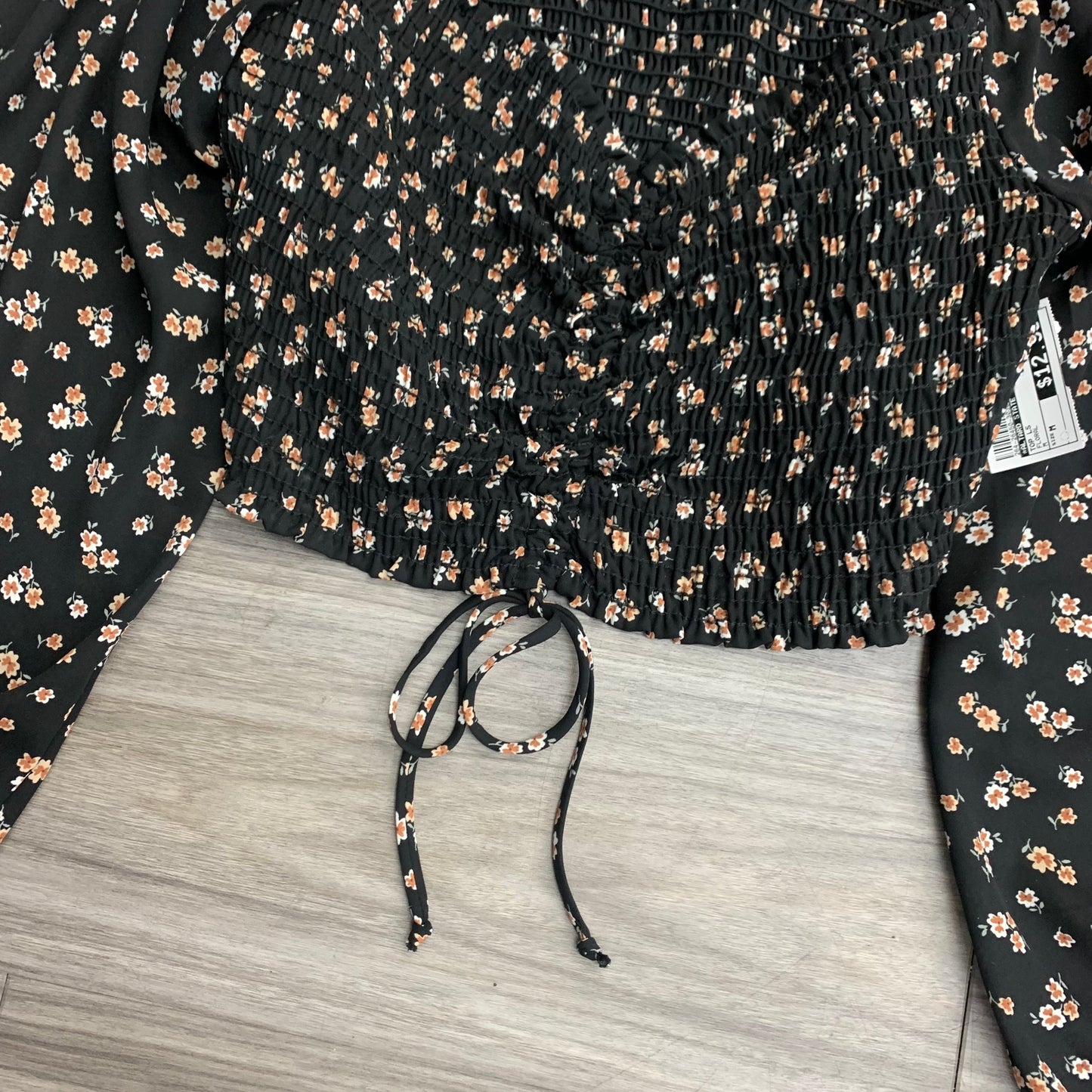 Black Floral Cropped Tie Front Top Long Sleeve By Altard State  Size: M