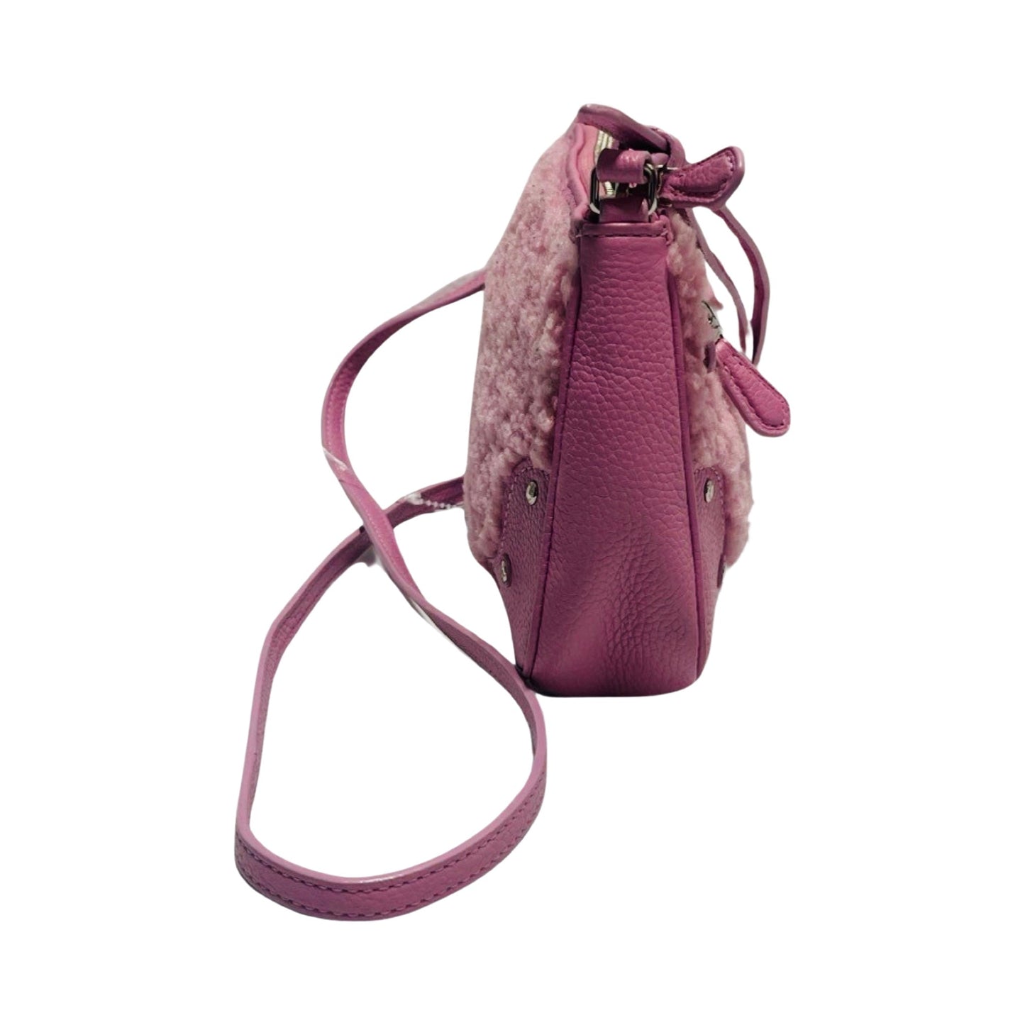 Shearling Leather Rhyder Pochette Zip Closure Pink Marshmallow with Silver Accents Crossbody/Shoulder Designer By Coach  Size: Small