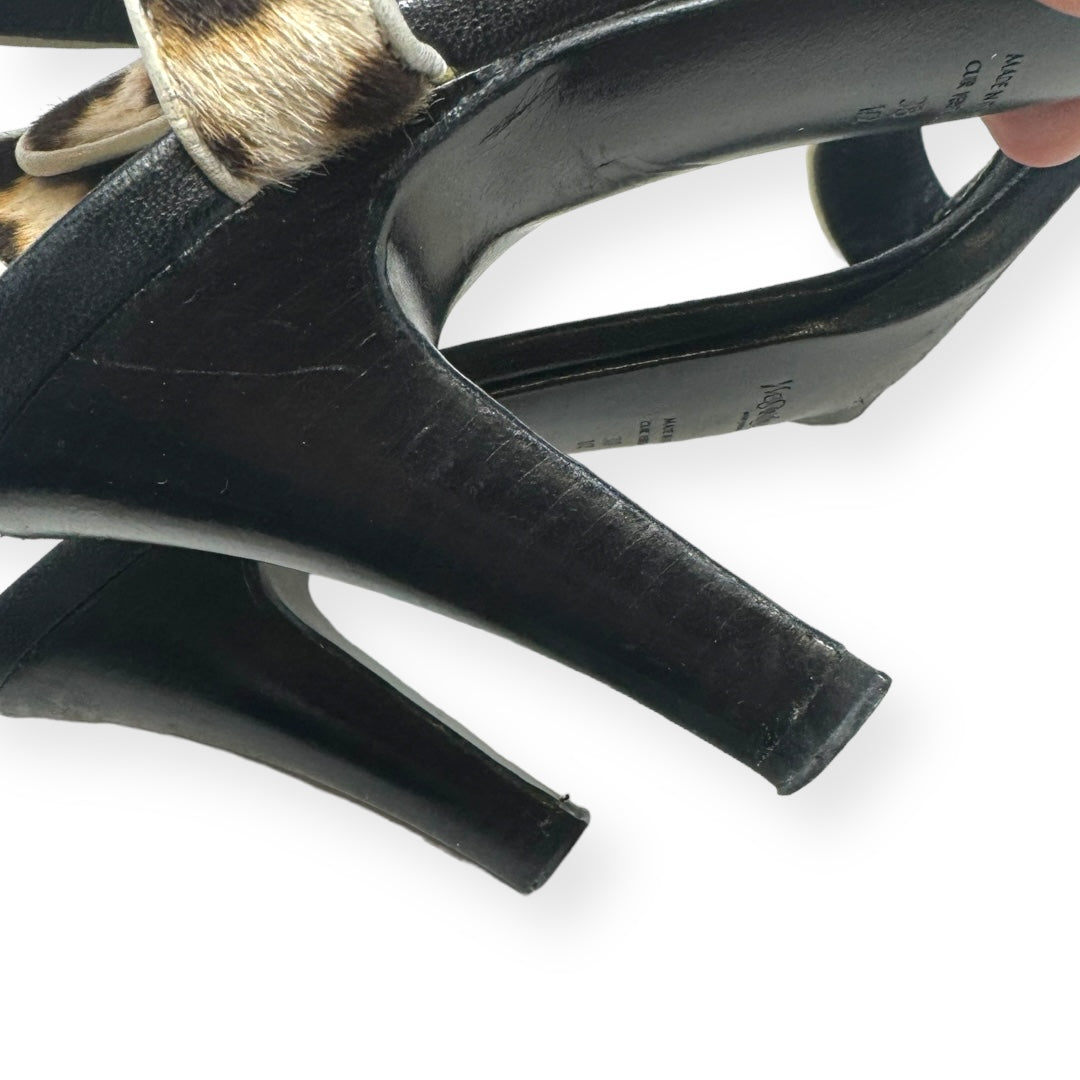 Leopard Print Calf Hair Ankle Strap Sandals Luxury Designer By Yves Saint Laurent  Size: 7.5