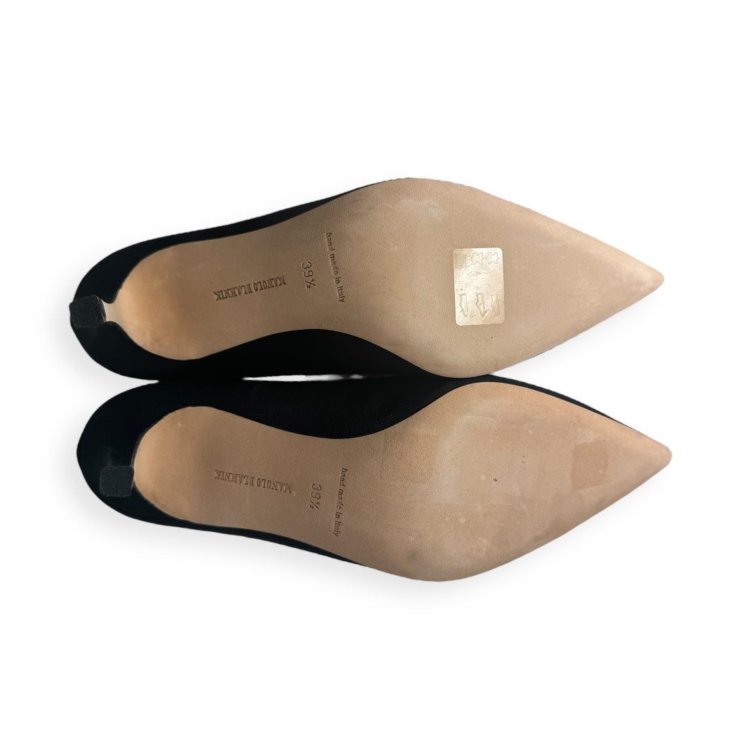 BB 75 Black Satin Pumps Shoes Luxury Designer By Manolo Blahnik  Size: 9.5