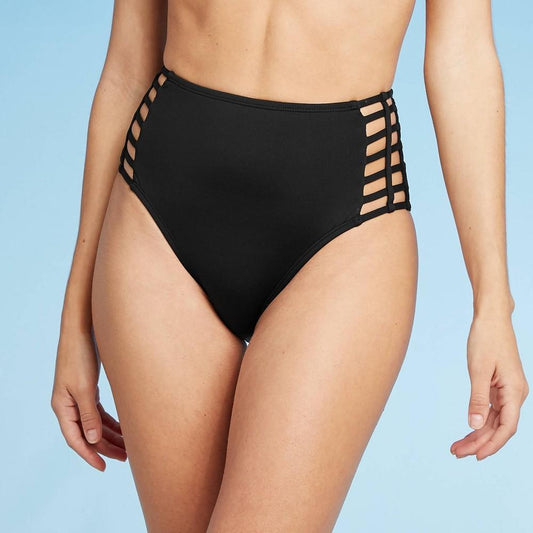 New - Women's Caged High Waist Bikini Bottom - Shade & Shore Black L